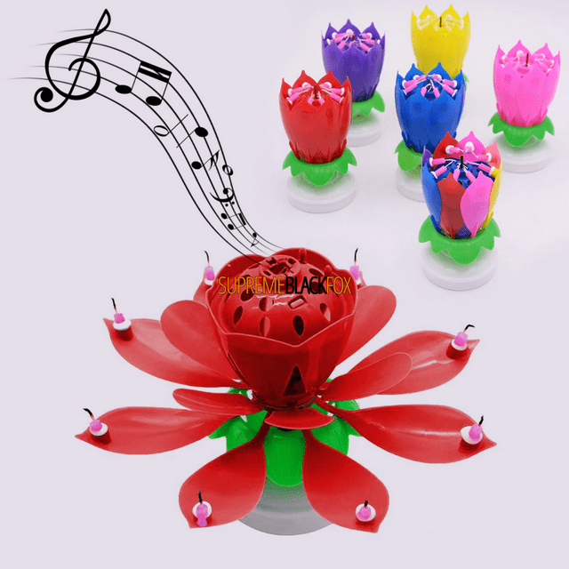 Rotating Lotus Candle Birthday Cake Flower Musical Music Candles (Red