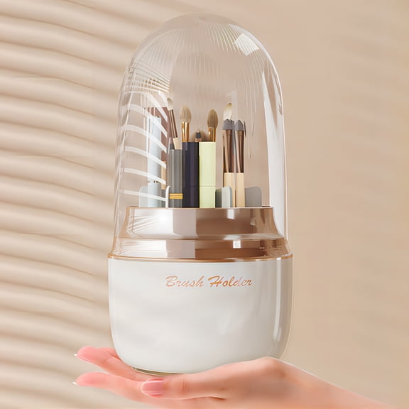 Rotating Makeup Brush Holder with Dustproof Cover, 360 Degree Cosmetic Storage Organizer with 7 Compartments for Brushes Lipstick Eyebrow Pens, Vanity Desktop Use