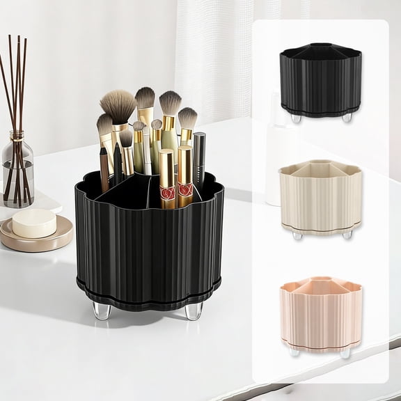 Rotating Makeup Brush Organizer and Cosmetic Storage Box with 360° Swivel, Multi-Compartment Vanity Organizer for Brushes, Lipsticks, Eyeshadow and Desk Makeup Display Stand