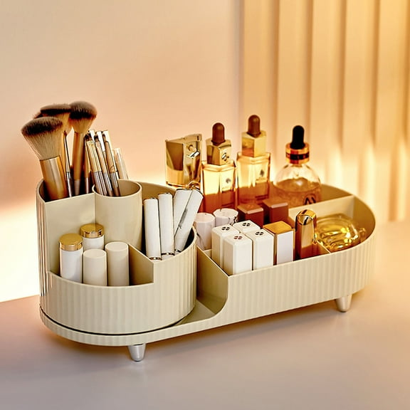 Rotating Makeup Organizer | Cosmetic Brush Holder & Lipstick Case | 6-Compartment Dressing Table Organizer for Makeup Brushes, Eyeshadow, Eyeliner | Desk & Vanity Storage for Home, Bedroom, Bathroom