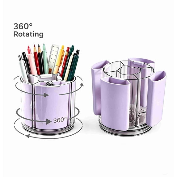 Rotating Makeup Organizer Countertop, Detachable Desk Organizer, 5 Slots Make up Brushes Cup for Cosmetics, Art Supply, Purple