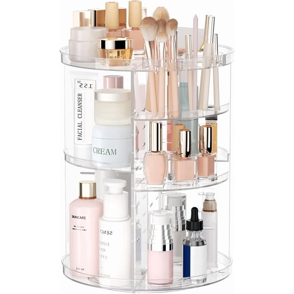 Rotating Makeup Organizer, DIY 8 Adjustable Layers Spinning Skincare Cosmetic Display Case with Brush Holder Perfume Tray, Multi-Function Storage Carousel for Vanity Bathroom Countertop