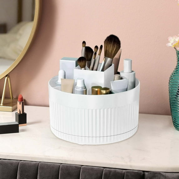 Rotating Makeup Organizer, Large Capacity Cosmetic Storage Box with 360-Degree Swivel Base, Spacious Compartments for Brushes, Lipstick, Eyebrow Pencil, Plastic Desktop Organizer for Bathroom Vanity