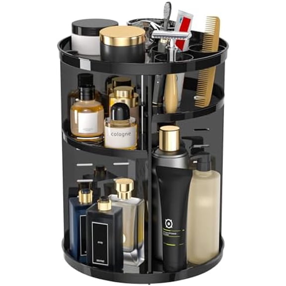 Rotating Makeup Organizer for Vanity, 360 Spinning Skincare Organizers with Adjustable Trays, Make Up Desk Storage Carousel Rack, Cosmetic Display Cases for Dresser Bathroom Countertop Black
