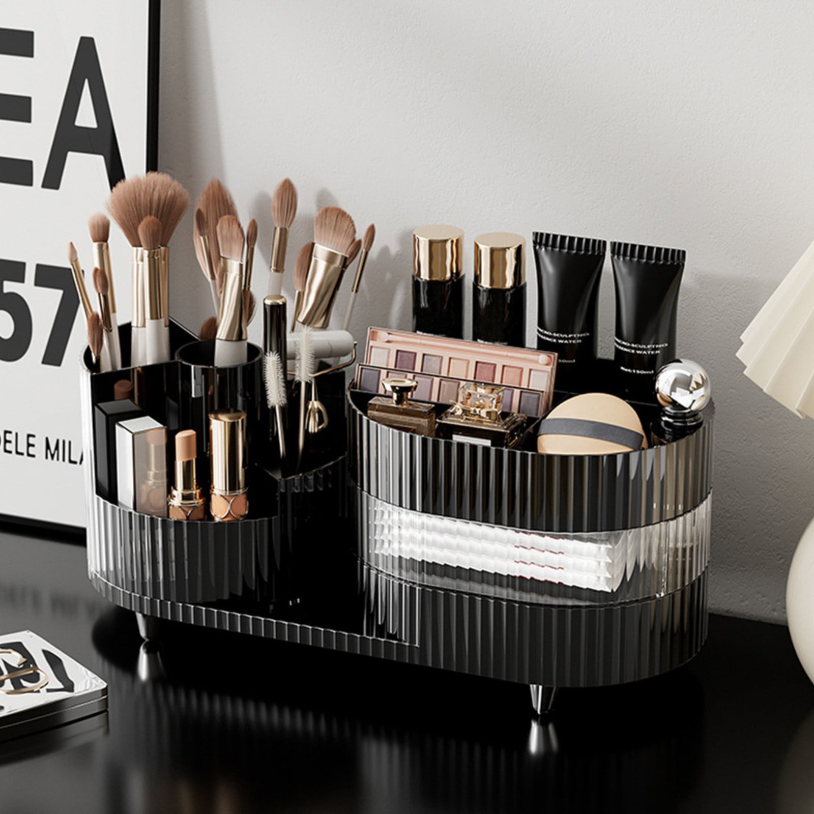 Rotating Makeup Organizer for Vanity with Brush Holder and Drawer, 3 ...