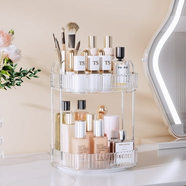 Rotating Makeup Organizer for Vanity 2 Tier, High-Capacity Skincare Make up Storage Perfume Cosmetic Dresser Organizer Countertop 360 Spinning, Clear