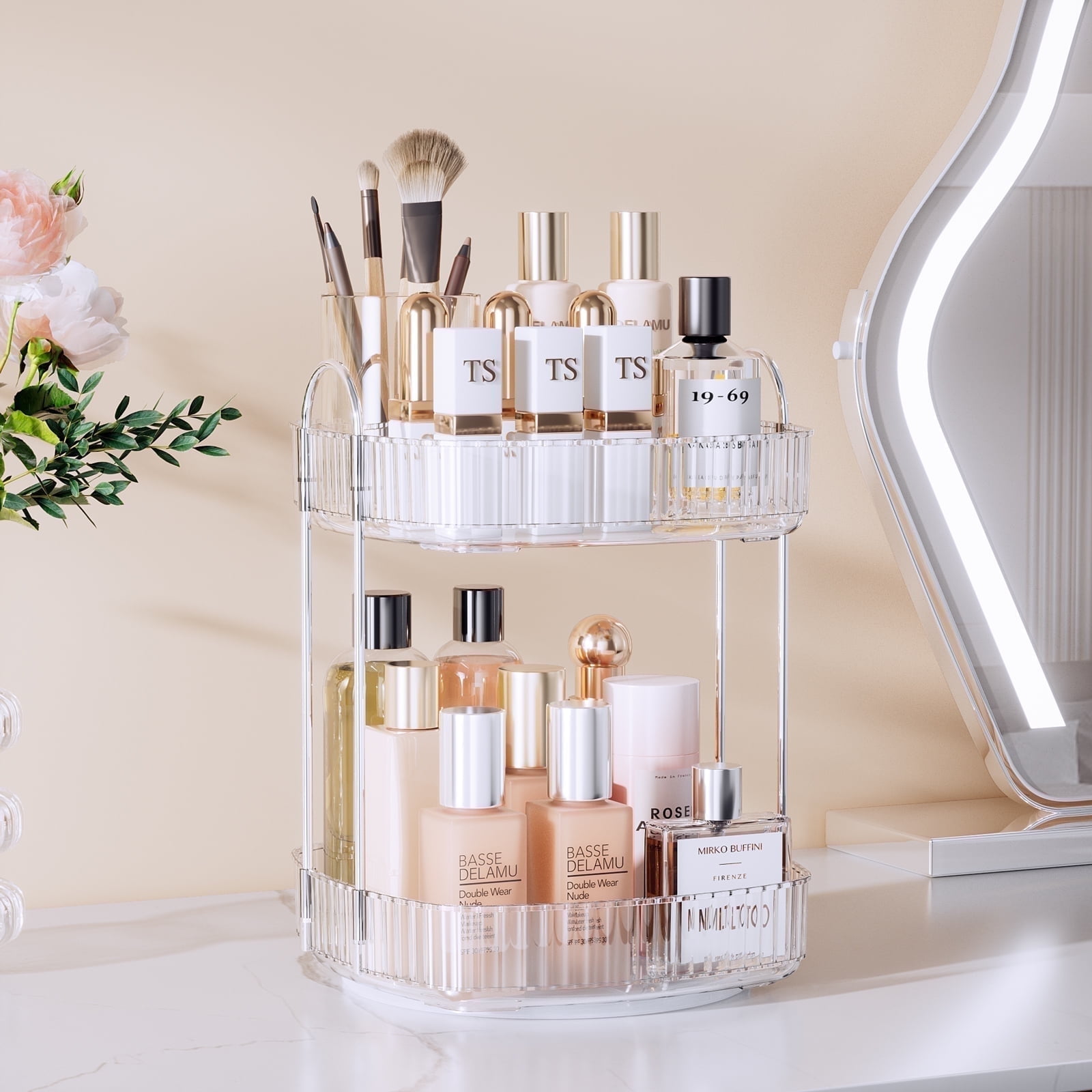 Rotating Makeup Organizer for Vanity 2 Tier, Delamu Skincare Make up Storage Perfume Cosmetic Dresser Organizer Countertop 360 Spinning, Clear