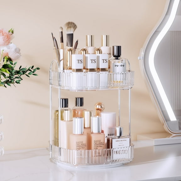 Rotating Makeup Organizer for Vanity 2 Tier, Delamu Skincare Make up Storage Perfume Cosmetic Dresser Organizer Countertop 360 Spinning, Clear