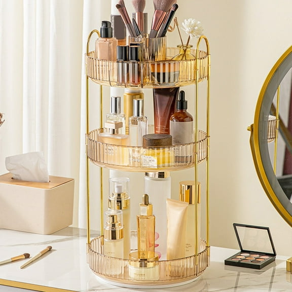 Rotating Makeup Organizer with Carousel Storage | 3-Tier Cosmetic Brush & Lipstick Holder | Retro-Style Desktop Vanity Tray for Beauty Products