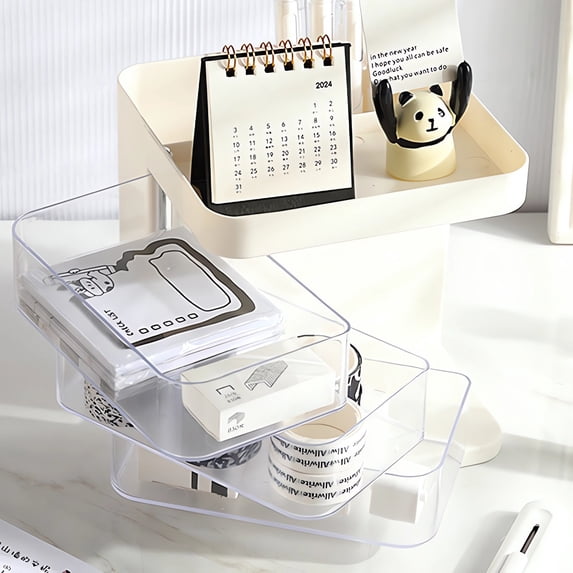 Rotating Makeup Storage Box, 3-Compartment Desk Organizer With Pull-Out Drawers And Built-In Pen Holder, Transparent Cosmetic Storage For Vanity Dresser Office And Bathroom