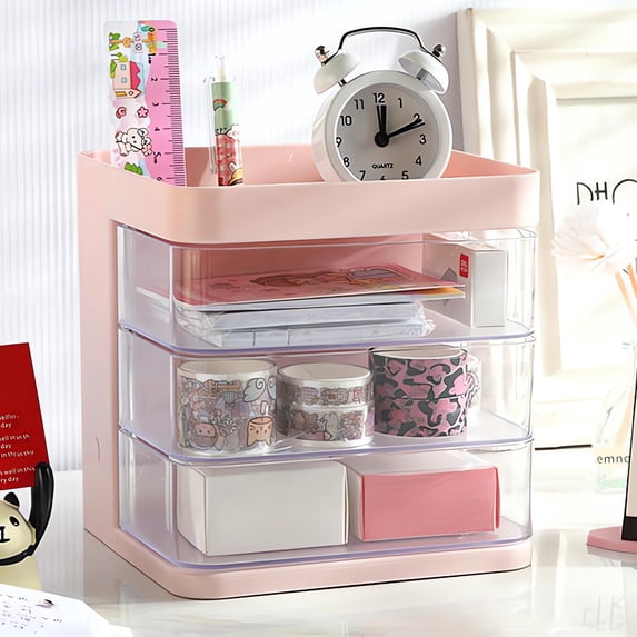 Rotating Makeup Storage Box, 3-Compartment Desk Organizer With Pull-Out Drawers And Built-In Pen Holder, Transparent Cosmetic Storage For Vanity Dresser Office And Bathroom