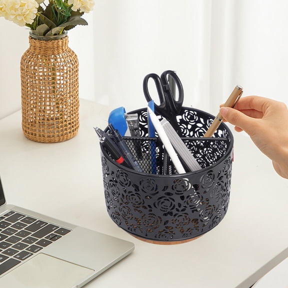 Rotating Mesh Desk Organizer, Storage Caddy, 4-Compartment Rotating Pen and Cosmetic Holder for Office Desk and Vanity, Sturdy Metal Mesh with Wooden Base