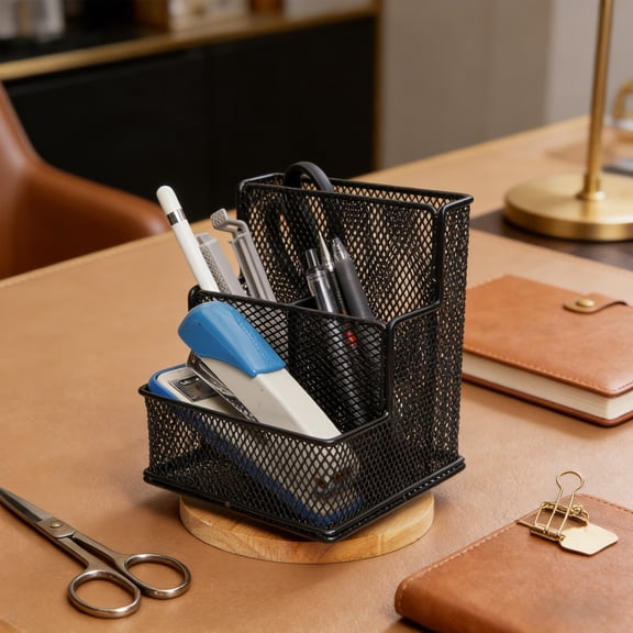 Rotating Mesh Desk Organizer with 4 Compartments, Pen Holder and Makeup Brush Caddy for Office Desk, Vanity and Bathroom Countertop Storage