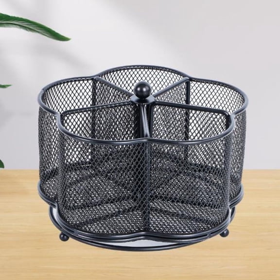 Rotating Metal Utensil Caddy 5 Compartment Silverware Holder, 18.3x18.3x13 cm, Black