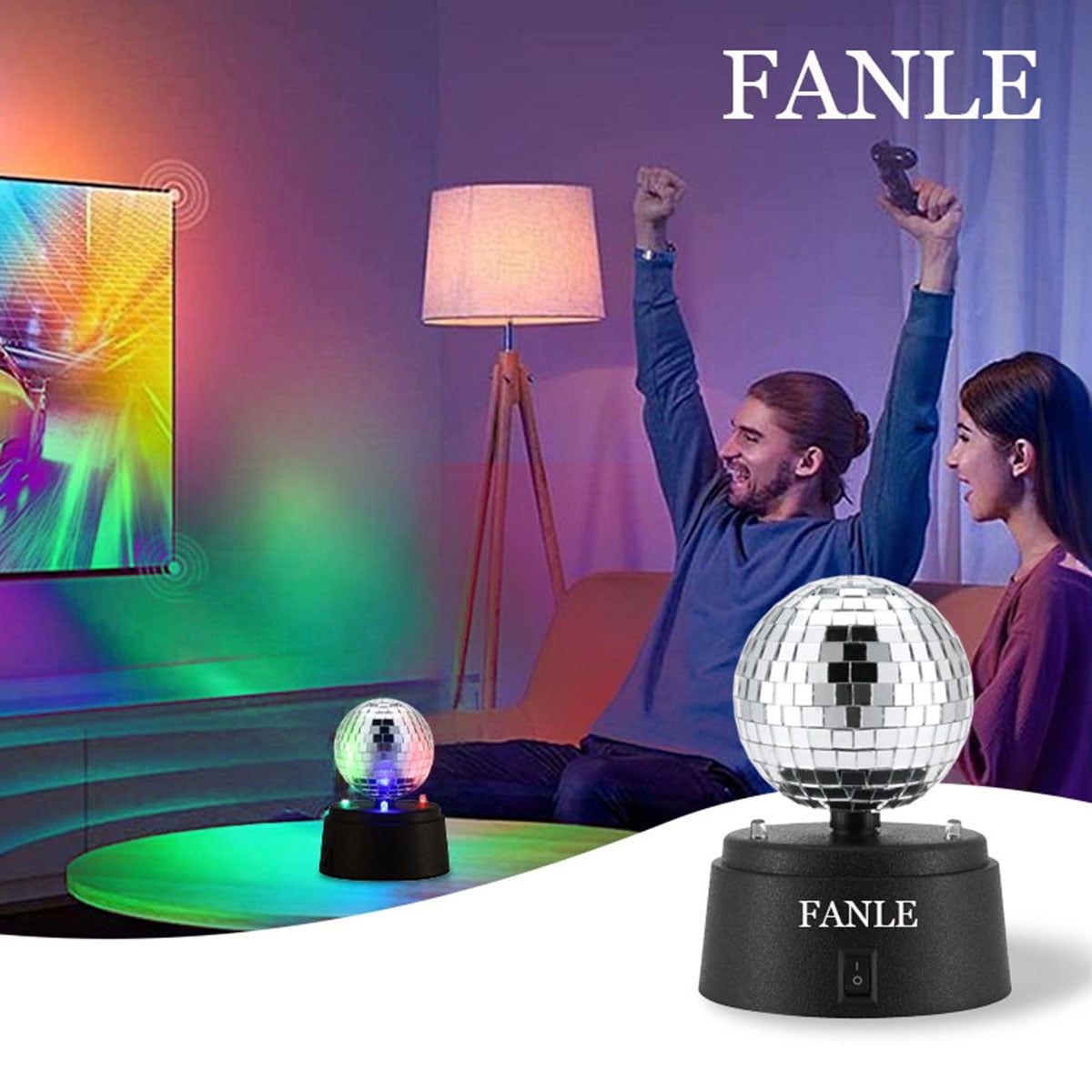 Rotating Mirrors Disco Ball Light Hanging Silver Glitter Ball with Adjustable Rotary Motor Base RGB LED Mood Lights Great for Halloween Christmas Party Club Stage Dance Bar ( Battery Powered )