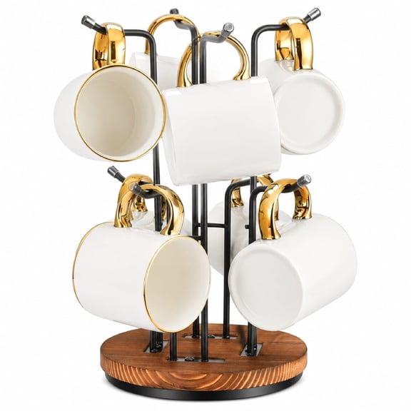 Rotating Mug Tree, 360 Degree Coffee Mug Holder with 8 Hooks for Large Cups, Wooden Base, 13 Inch