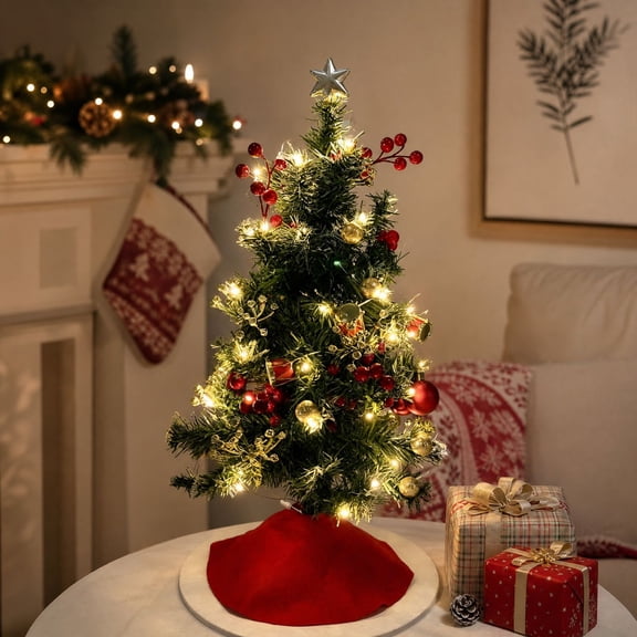 Rotating Musical Mini Christmas Tree with Red White Tree Skirt, LED Lights, Tabletop Holiday Decoration