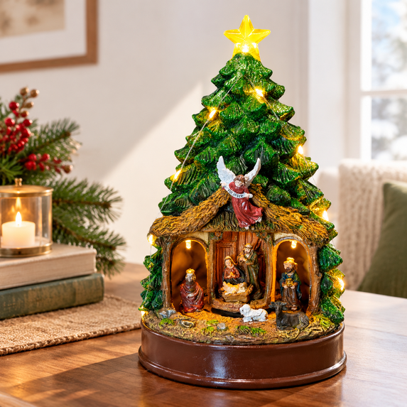 Product For Rotation Rotating Nativity Scene Musical Tree with LED Light, Holy Family Angel ...