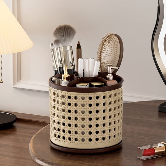 Rotating Organizer for Desk, Rattan Storage Container with Large Capacity Divided Holders, 360 Degree Spinning Caddy for Makeup Brushes, Pens, Lipstick, Eyeshadow, Vanity and Office Supplies