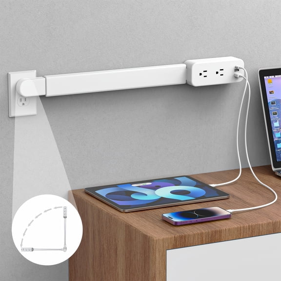 Rotating Outlet Extender Stick with USB-A/USB-C & 2 AC Outlets - Extendable Power Strip Suitable for Hard-to-Reach Outlets, Extends 22"-34", Rotates 180 for Nightstands, Sofa, Desks