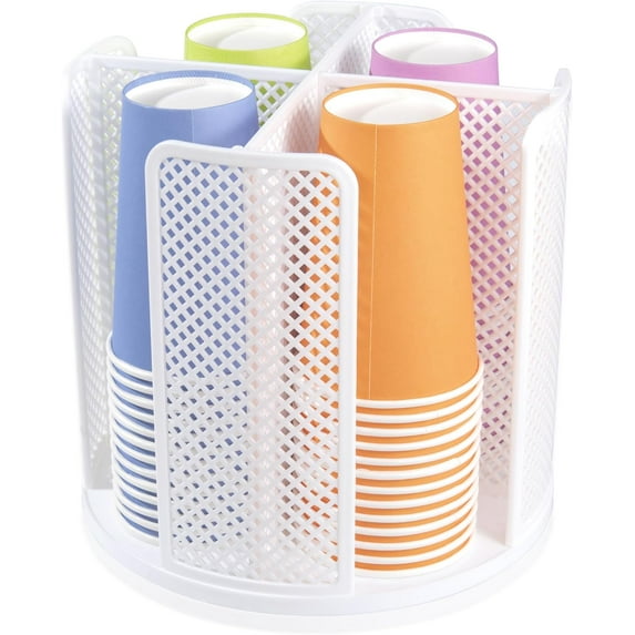 Rotating Paper Cup Dispenser with 4 Compartments, Disposable Coffee Cup Storage & Lid Holder for Countertops, Kitchen, Coffee Stations (White)