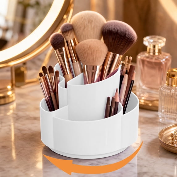Rotating Pen Holder, 360 Degree Spinning Desk Organizer with 5 Compartments, Multi Storage Box for Office Supplies, Pencils, Markers, Scissors and Makeup Brushes, Compact Desktop Stationery Caddy