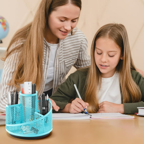Rotating Pen Holder Black Office Desk Organizer Pencil Holder for Desk Desktop Storage Stationery with Five Grid Partitioned, Teachers Students Supplies