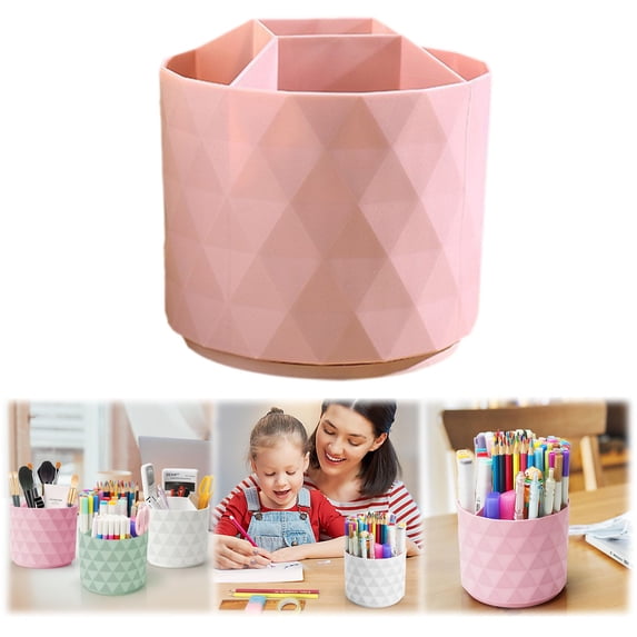 Rotating Pen Holder with Multi-Compartment, Geometric Diamond Pattern Desk Organizer, Spinning Pen Cup for Desk, Desktop Storage Caddy for Office Supplies, Cosmetics & Small Accessories, Pink