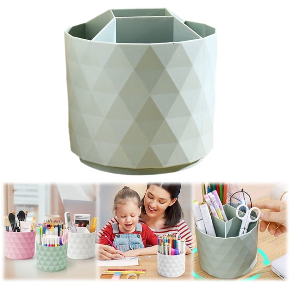 Rotating Pen Holder with Multi-Compartment, Geometric Diamond Pattern Desk Organizer, Spinning Pen Cup for Desk, Desktop Storage Caddy for Office Supplies, Cosmetics & Small Accessories, Green