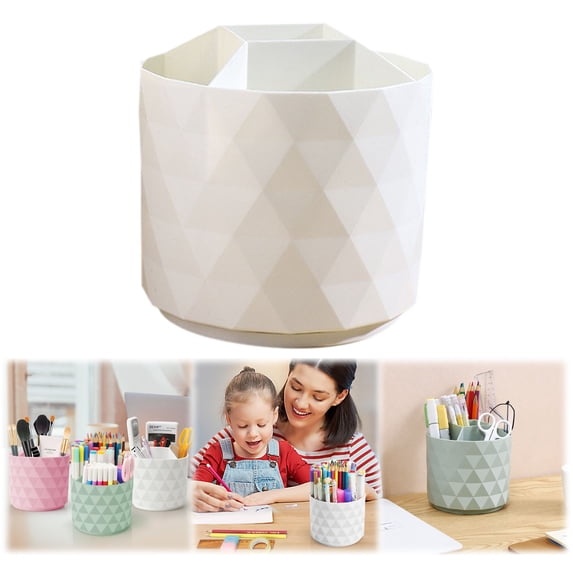 Rotating Pen Holder with Multi-Compartment, Geometric Diamond Pattern Desk Organizer, Spinning Pen Cup for Desk, Desktop Storage Caddy for Office Supplies, Cosmetics & Small Accessories, White