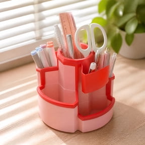 Rotating Pen Holder Multi-Functional, Creative Desk Organizer With Note Tray, Pen Container & Makeup Brush Storage Box For Office Red Free Size