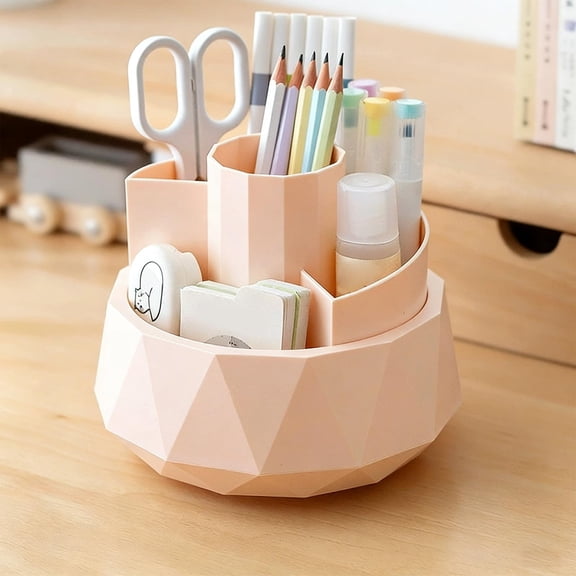 Rotating Pen Holder Organizer | Large Capacity Plastic Desktop Stationery Storage Box – 360° Partitioned Compartments, Easy-Clean, Modern Design, White/Pink/Yellow/Blue, 16.5x14.6cm