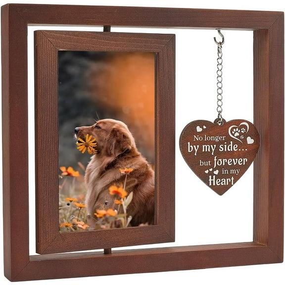 Rotating Picture Frame Wood Photo Frame with Heart Charm Printing Poster 360-Degree Floating Frame Stand Pictures Display Brown Tabletop Decoration