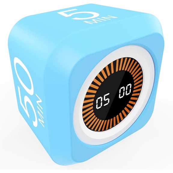 Rotating Pomodoro Cube Visual Timer 5, 25, 10 50 Minutes Preset, Rechargeable Desk Productivity Flip Timer w/ Cover Custom Countdown, Silent Mode for , Study, Work, School(Blue)