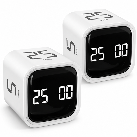 Rotating Pomodoro Timer 2 Pack White 2, Preset Countdown Stopwatch for Work Study School Kitchen