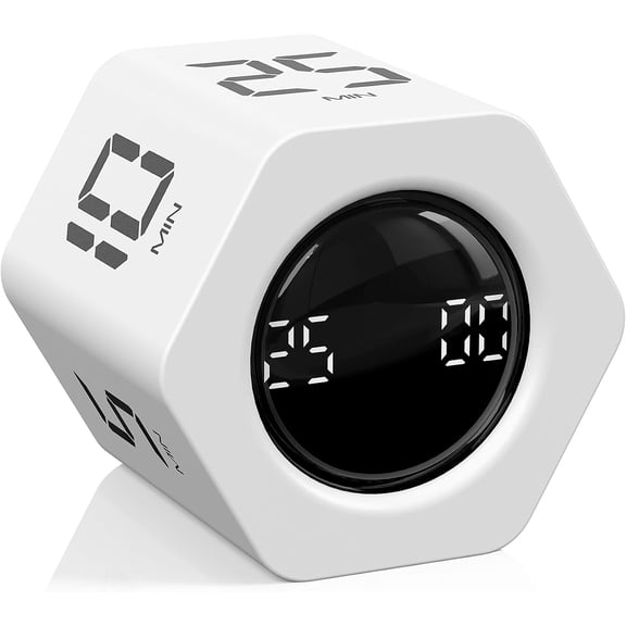 Rotating Pomodoro Timer 5, 25, 10 30,60 Mins Preset Stopwatch, Desk Flip ProductivityTimer, ADHD Tool Hexagon, Vibration/Mute/Alarm, for Work, Study, Back to School, Kitchen, White