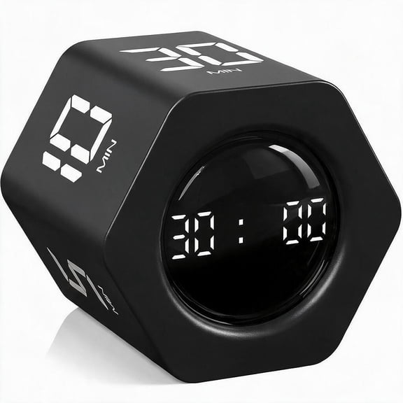 Rotating Productivity Timer, 1/5/10/30/60 Minute Presets, Flip Countdown & Stopwatch, Vibration, Mute & Alarm, Black