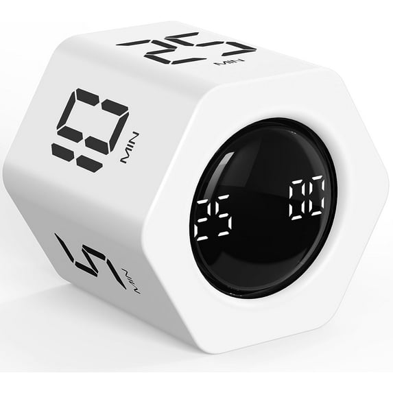 Rotating Pomodoro Timer 5, 25, 10 30,60 Mins Preset Stopwatch, Desk Flip ProductivityTimer, Tool Hexagon, Vibration/Mute/Alarm, for Work, Study, Back to School, Kitchen, White