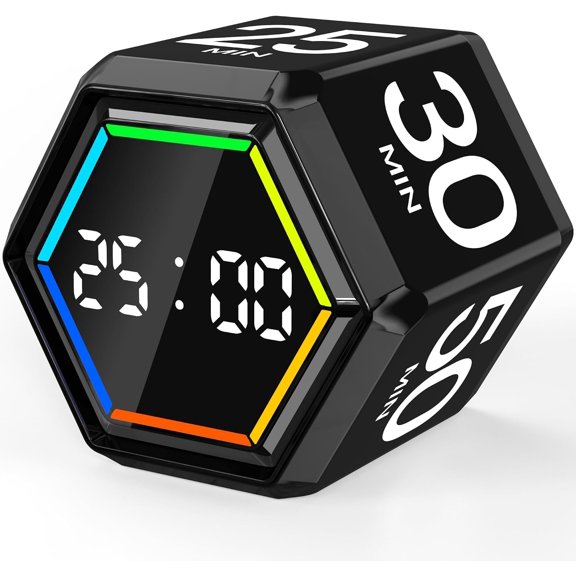 Rotating Pomodoro Timer Cube 3/5/10/25/30/50 min with Colorful Visual Bar | Desk Productivity Flip Timer for Kids Adults, Vibration/Silent/Sound, Adjustable Volume, for ADHD Study Work, Black