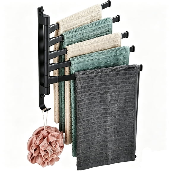 Rotating Pool Towel Rack, TGY 5-Bar Swivel Towel Holder with Hooks, Space-Saving Wall Mounted Metal Towel Rack for Pool, Hot Tub, Shower, Bathroom & Balcony