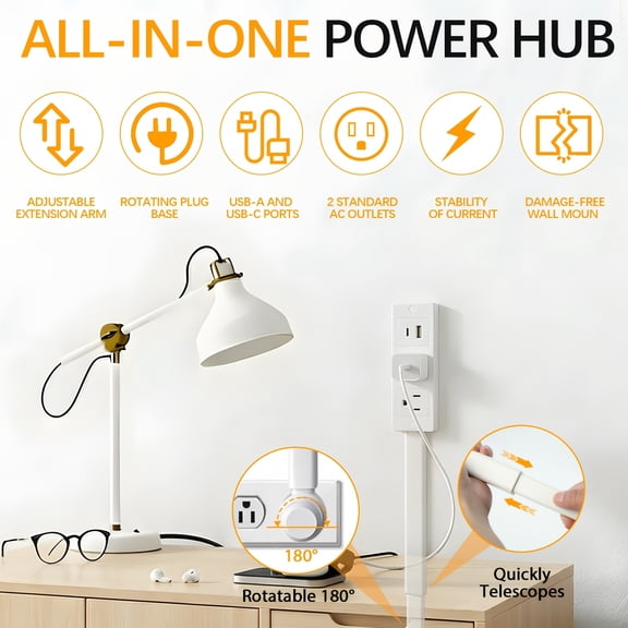 Rotating Power Outlet Extender w/USB-A & USB-C, 2 AC Outlets. 180 Swivel for Tight Spaces. Ideal for Sofa, Bedside, Desk.