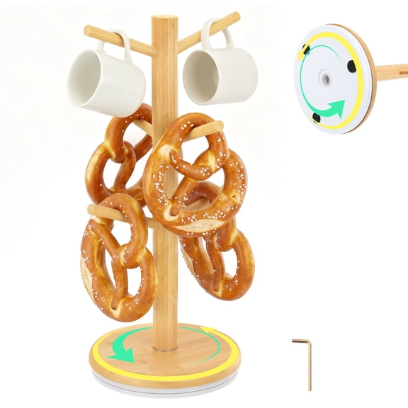 Rotating Pretzel Holder Stand Large Capacity Bamboo Tree Shape Pretzel Display Rack Decorative Sausage Mug Hanger Stand for Home Kitchen Restaurant Cafe Bar
