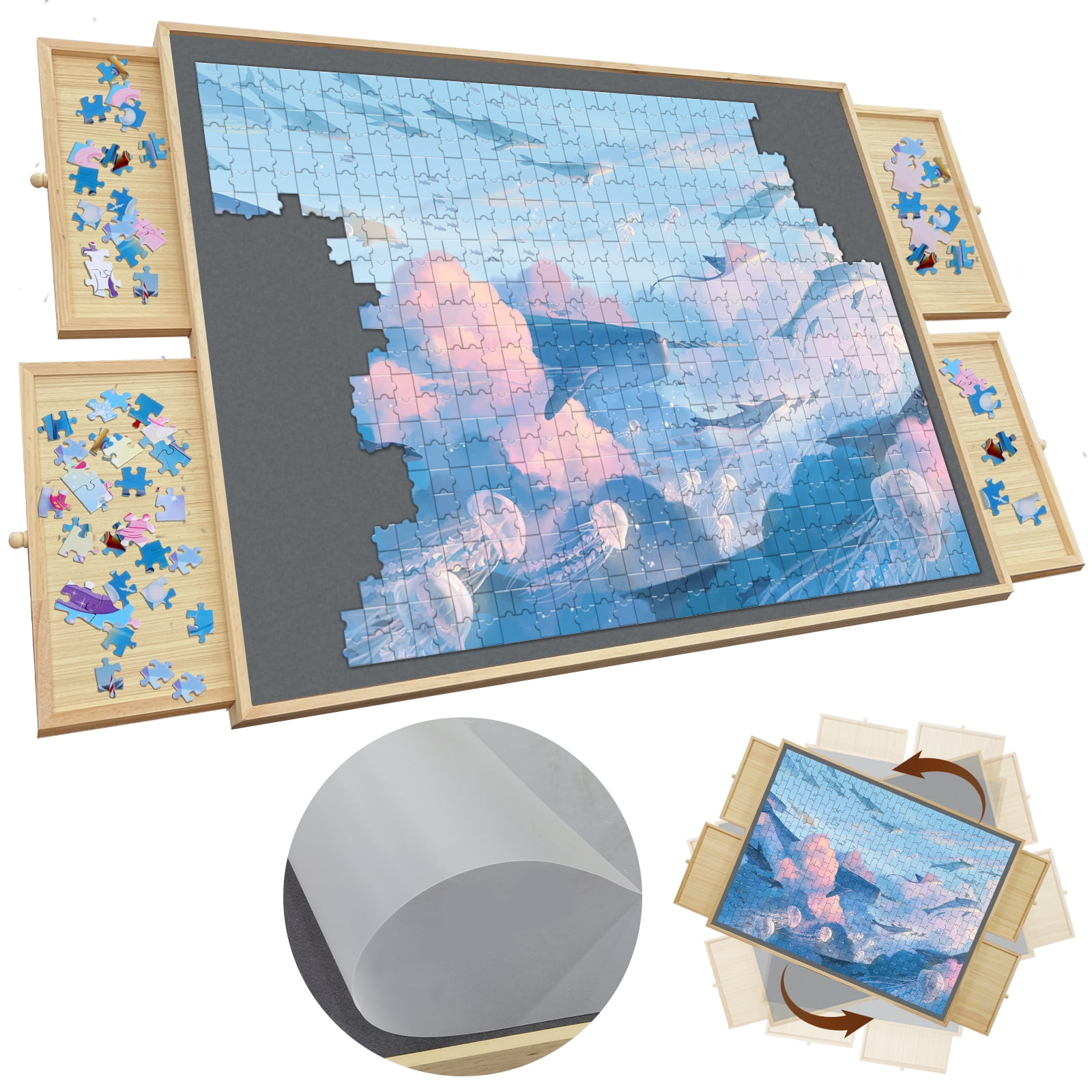 Rotating Puzzle Board for 1500 Pieces with Sorting Drawers & Cover Mat
