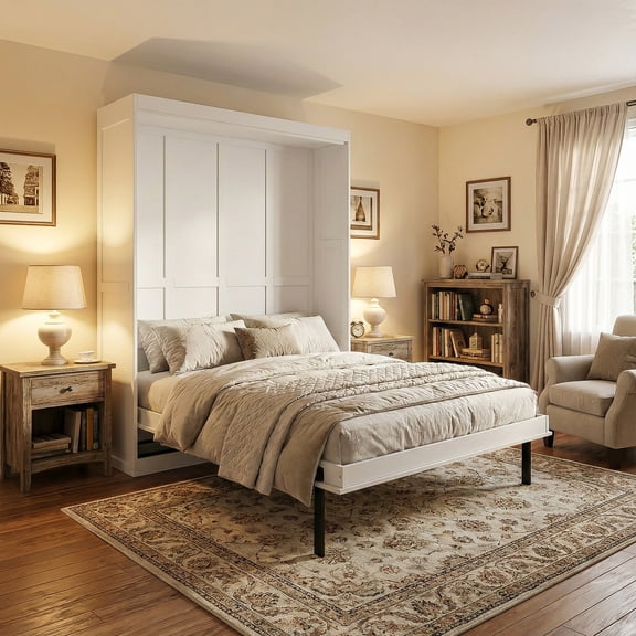 Rotating Queen Murphy Bed with Storage - White Space-Saving Wall Bed