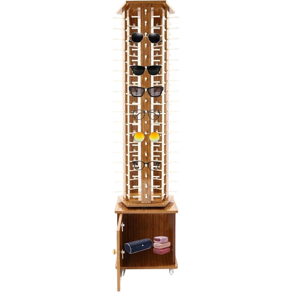 Rotating Retail Eyeglasses Display Rack Stand Floor-standing Sunglasses Holder Stand with Bottom Base for 90 Pairs Rotatable Glasses Hanging Hook Storage Organizer Commercial Mall(Brown Wood)