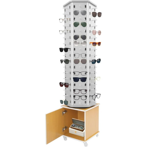 102 Pairs Rotating Retail Eyeglasses Display Rack Stand Floor-standing Sunglasses Holder Stand with Bottom Base for Rotatable Glasses Hanging Hook Storage Organizer Commercial Mall (Silver+Yellow)