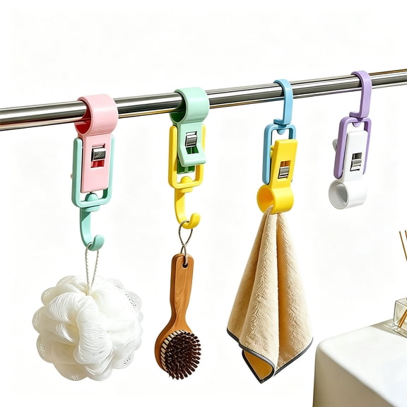 Rotating Rod Clip Hook with 360° Swivel, Multifunctional Movable Clamp Hanger for Wardrobe & Shower Curtain Rods, Space-Saving Organizer for Hats, Towels & Keys, Random Vibrant Color, Pink, By Harlik