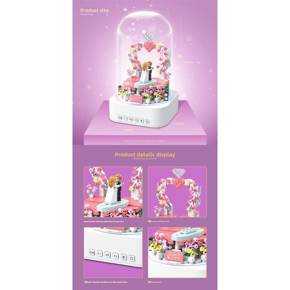 Rotating Romantic Wedding Arch Building Block Music Box, Bluetooth LED Rechargeable Couple Love Decor Brick Model