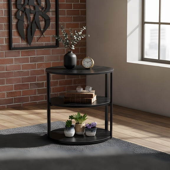 Rotating Round End Table with Storage - 3-Tier Black Side Table
