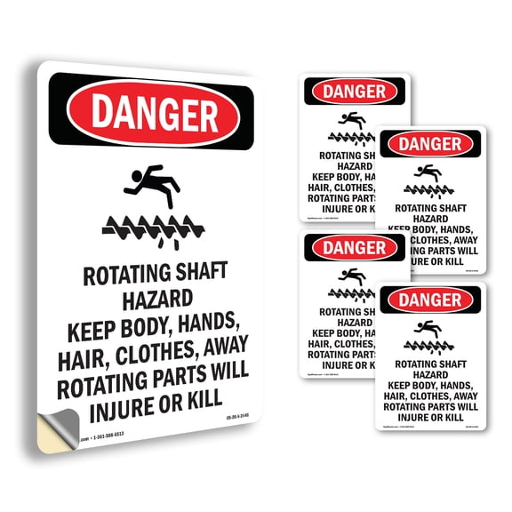 Rotating Shaft Hazard OSHA Danger Vinyl Decal Label 5 Inch x 3.5 Inch - 5 Pack